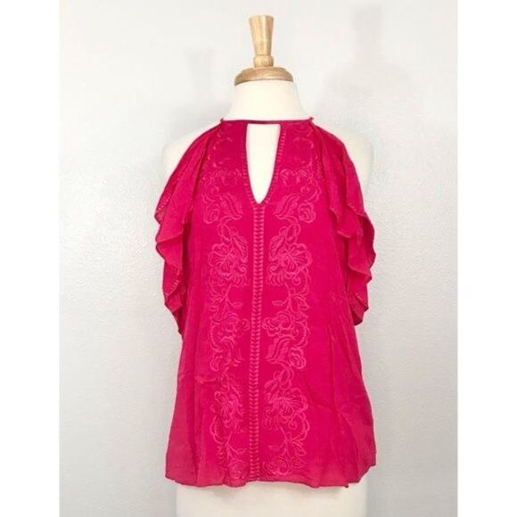 Parker‎ Top Embroidered Cold Shoulder High-neck Flutter Blouse, M - Picture 3 of 14